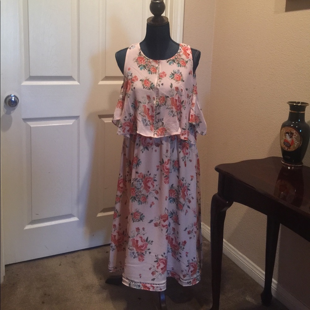 Tan cold shoulder, floral print Dress